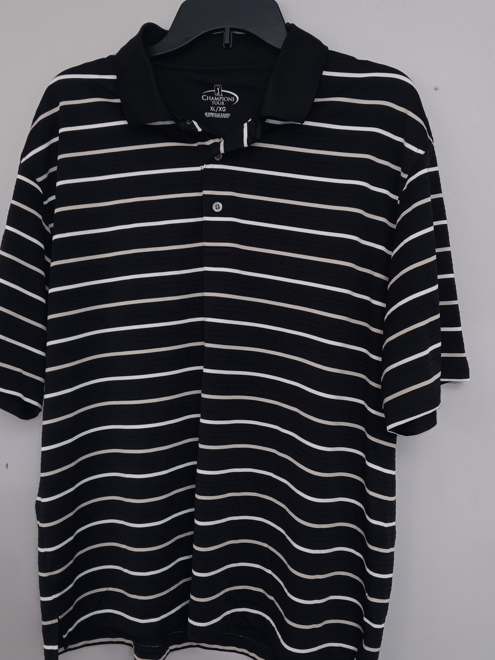 Champions Tour XL Golf Polo Shirt Black & White Striped  Short Sleeve EUC